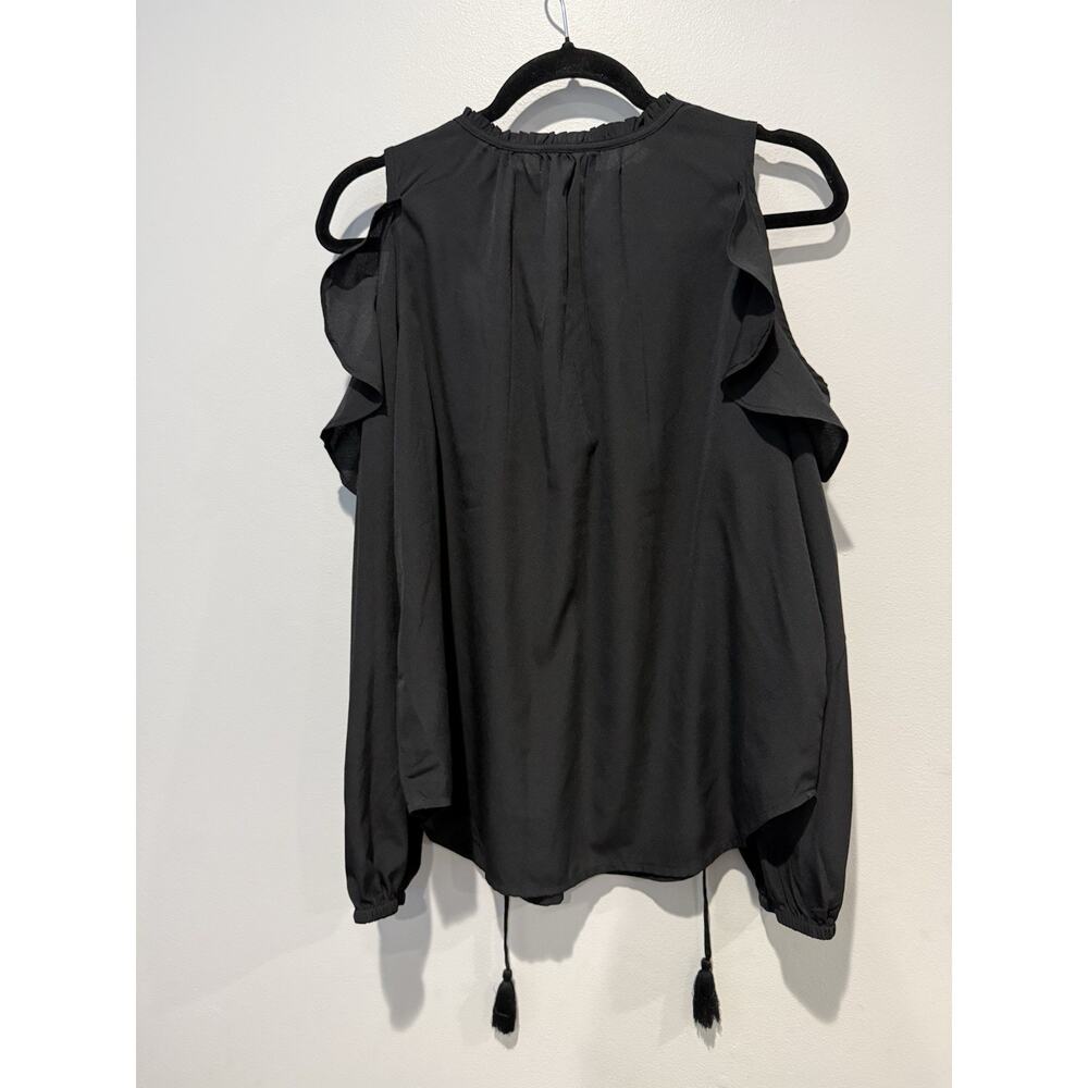 Kensie Black Cold Shoulder Ruffle Top Blouse Tassel Tie Long Sleeve Flowy Boho M - Picture 7 of 9